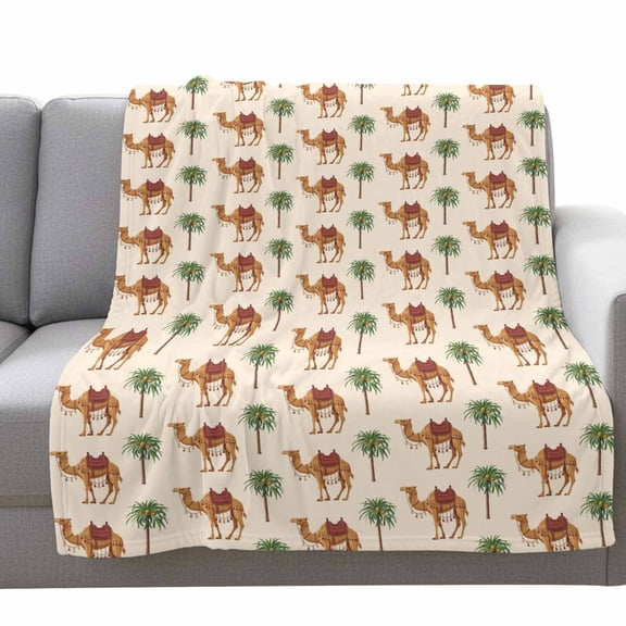 Vintage Camel Fleece Throw Blanket Lightweight Coconut Trees Deserts Animal Abstract Beige Background Fuzzy Flannel Throws Super Soft Cozy Flannel Blanket for Couch, Sofa, Bed, Travel 50"x80"
