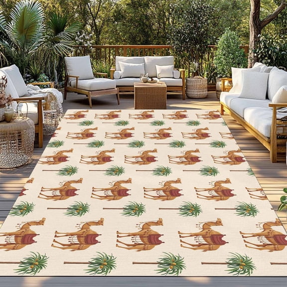 Vintage Camel Indoor Outdoor Rugs 6x9 Ft, Coconut Trees Deserts Animal Abstract Beige Background Outdoor Patio Rugs Mat Washable Outside Area Rugs Carpet for Porch Deck RV Camping Pool Balcony