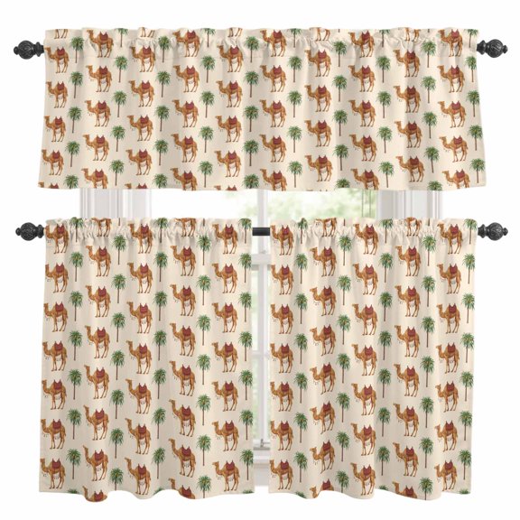 Vintage Camel Kitchen Curtains Valances and Tiers Set of 3 Coconut Trees Deserts Animal Abstract Beige Background Tier Curtains and Valance with Rod Pocket for Small Windows, 27.5"x24"