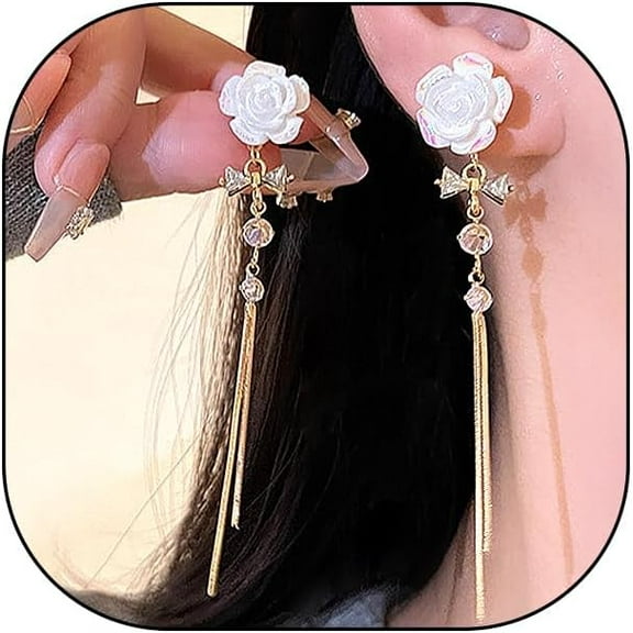 Vintage Camellia Earrings for Women Pearl Cubic Zirconia Tennis Chain Tassel Earrings Red Velvet Rose Rhinestone Drop Dangle Earrings Statement Jewelry Gifts