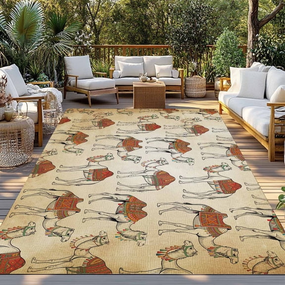 Vintage Camels Indoor Outdoor Rugs 6x9 Ft, Retro Deserts Animal Abstract Beige Background Outdoor Patio Rugs Mat Washable Outside Area Rugs Carpet for Porch Deck RV Camping Pool Balcony Backyard