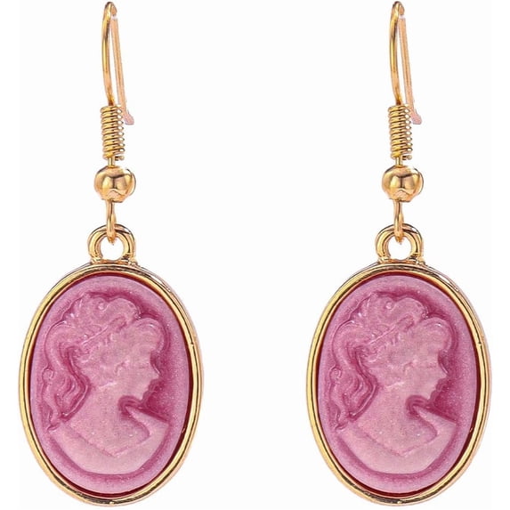 Vintage Cameo Dangle Drop Earrings for Women Gold-Toned Resin Baroque Embossed Victorian Silhouette Danging Statement Earring Lightweight Fish Hook Retro Boho Halloween Jewelry for Friends