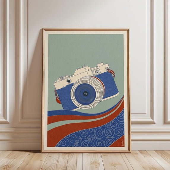 Vintage Camera Blue Cream Woodcut Style Floral Red Accents Home Art, Unframed Canvas 24x36in