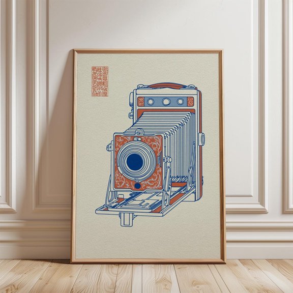 Vintage Camera Blue Orange Poster, Unframed Paper Poster 8x10in