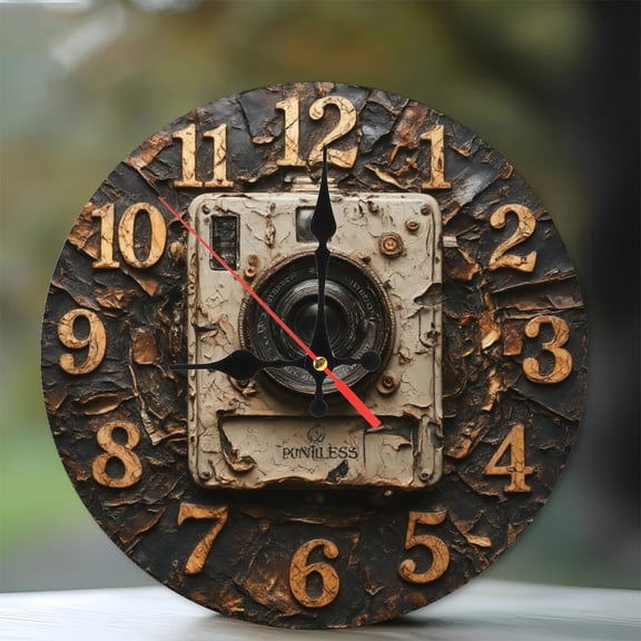 Vintage Camera Clock Wall Decor Unique Gift 10-Inch Silent Wooden Wall Clock, Battery Operated (AA Batteries Not Included), Artistic Home Decor
