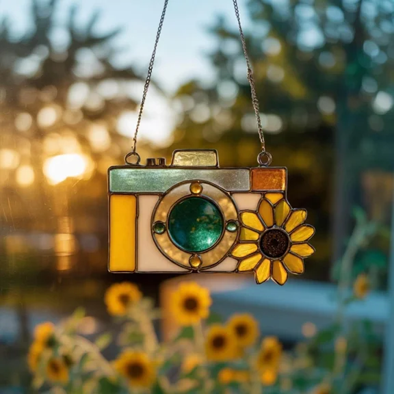 Vintage Camera Sunflower Acrylic Suncatcher Window Hanging Retro Photography