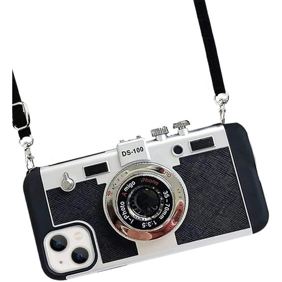 Vintage Camera iPhone 14 Pro Case, Emily in Paris 3D Cute Camera Protector Protective Phone Case with Strap (Black & Silver, iPhone 14 Pro)
