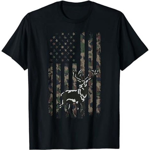 Vintage Camo American Flag Deer Camoflage Hunting Hunter Dad T-Shirt