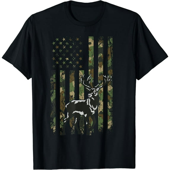 Vintage Camo American Flag Deer Camoflage Hunting Hunter Dad T-Shirt