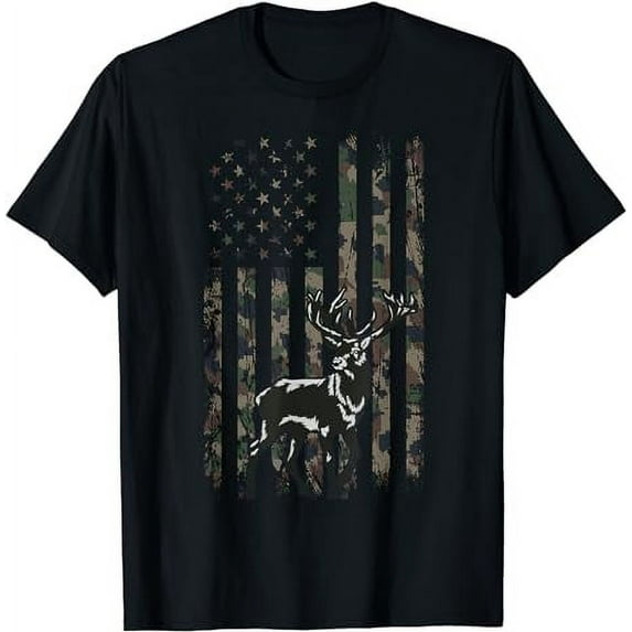 Vintage Camo American Flag Deer Camoflage Hunting Hunter Dad T-Shirt