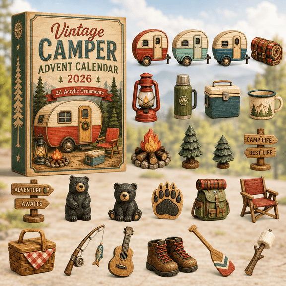 Vintage Camper Advent Calendar 2026 - 24-Day Festive Countdown, 2D Acrylic Charms Blind Box - Gift For Campers, Family & Friends