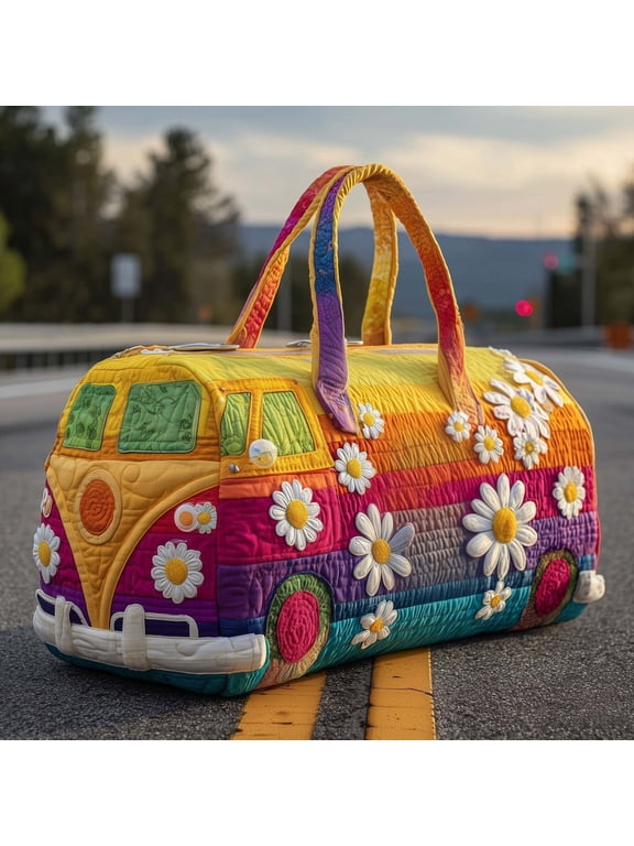 Vintage Camper Canvas Duffel Bag, Retro Embroidered Travel Tote, Large Capacity Weekender Bag with Handles for Unisex Camping & Gym