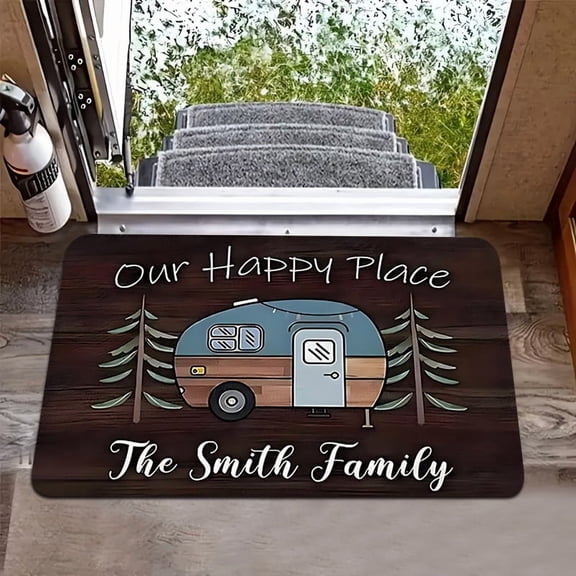 A Vintage Camper Design Non-Slip Door Mat for Happy Campers,Machine Washable for Indoor/Outdoor Use,Suitable for RV Entrances,Patios,And Camping Decor, an Ideal Gift for RV Owners, Camping Ground Mat