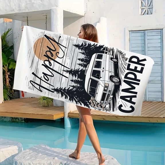 Vintage Camper Pattern Microfiber Towel - Ultra-fine, quick-drying, highly absorbent, modern "Happy Camper" forest pattern design, perfect for beaches,