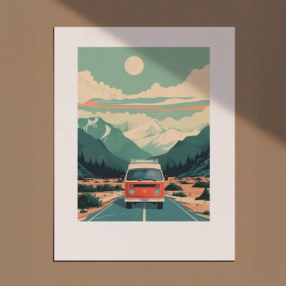 Vintage Camper Van Decor, Vw Van Poster, Mountain Road Trip Art, Retro Van Print, Travel Poster, Adventure Wall Art, Wall Art, Modern Wall Decor, 12x18 UNFRAMED