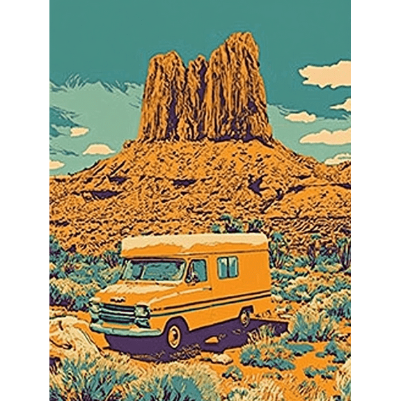Vintage Camper Van Desert Landscape Canvas Print Wall Art Suitable for Living Room Bedroom Office Kitchen and Dorm Decor