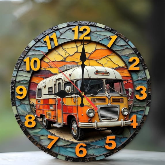 Vintage Camper Van Wall Clock Home Decor 10-Inch Silent Wooden Wall Clock, Battery Operated (AA Batteries Not Included), Artistic Home Decor