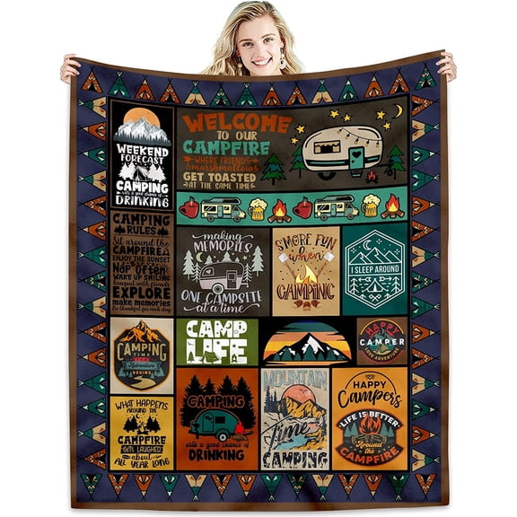 Vintage Camping Camper Campfire Pattern Soft Cozy Fleece Blanket for Couch Bed Outdoor Travel 50x60 inches