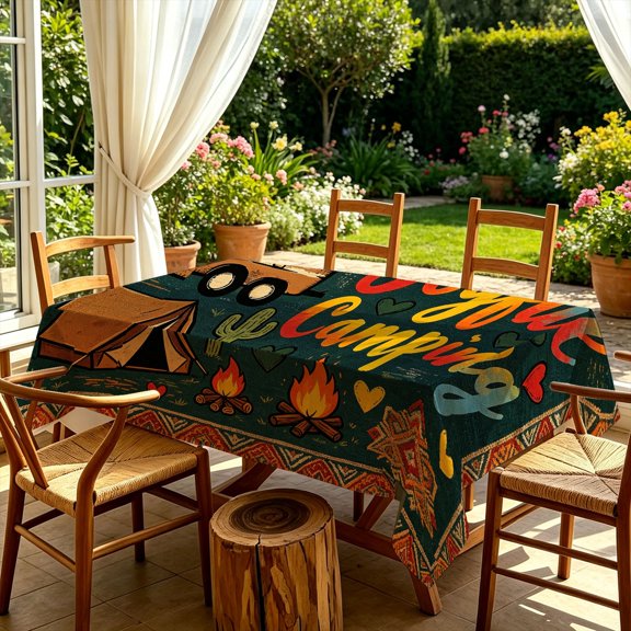 Vintage Camping Campfire Tent Truck Cactus 2D Print Rectangular Tablecloth, Rectangular Table Cover for Kitchen Dining Patio Garden Backyard, Great Gift for Outdoor Camping Enthusiasts
