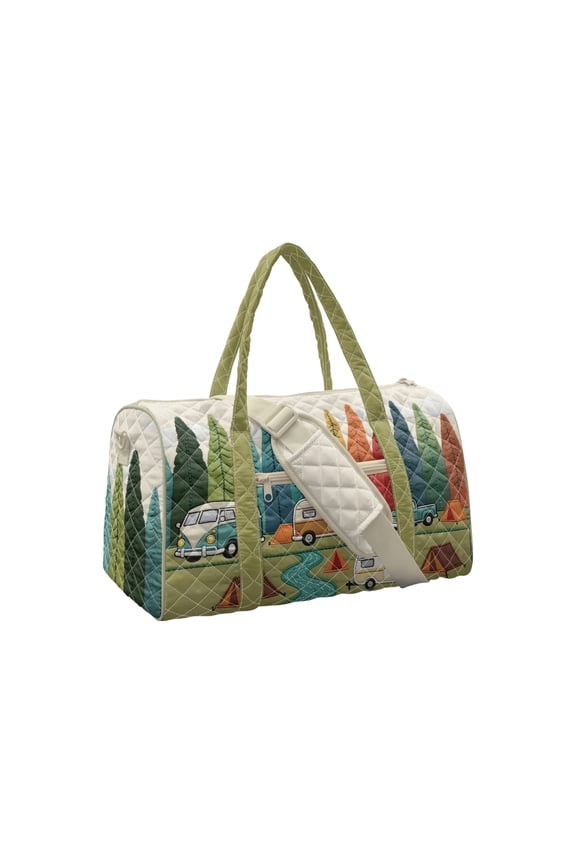 Vintage Camping Duffel Bag, 3D Embroidered Camper Van Travel Tote, Large Capacity Canvas Weekender Bag with Adjustable Strap for Road Trips