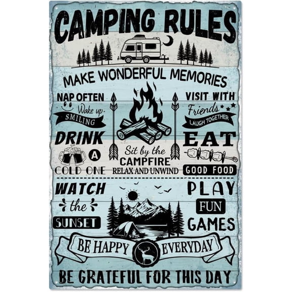 Vintage Camping Metal Tin Sign, Camping Rules Make Wonderful Memories Retro Tin Sign Hanging Decor for Camper Room Decor Funny Camping Fire Metal Wall Plaque Decor for Home, 11.81x7.87 Inch