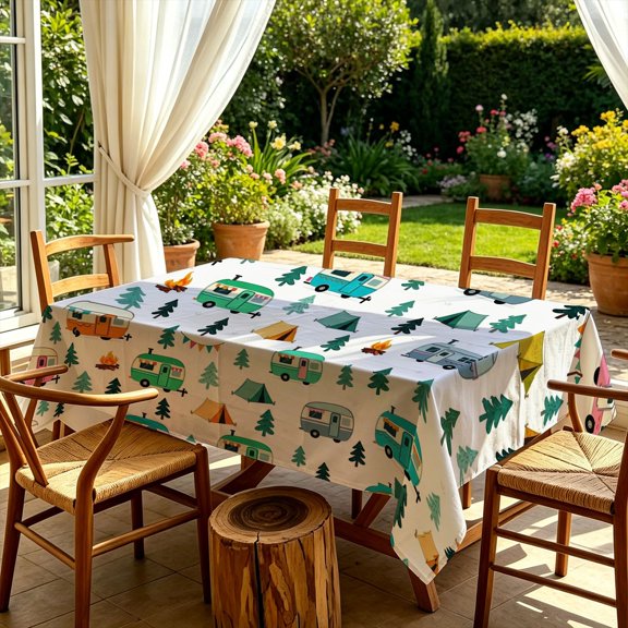 Vintage Camping RV Trailer Pine Tree 2D Print Tablecloth, Decorative Table Cover for Kitchen Dining Backyard Patio Garden Outdoor Parties, Perfect Christmas Gift