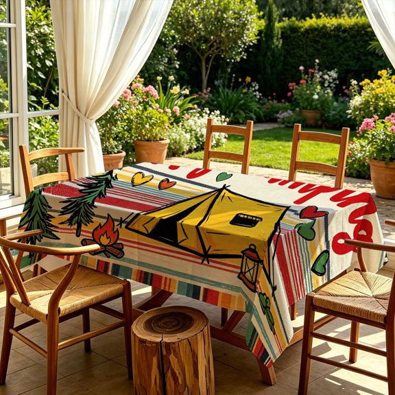 Vintage Camping Tent Campfire Pine Tree 2D Print Tablecloth, Decorative Table Cover for Kitchen Dining Outdoor Patio Garden Party Gatherings, Perfect Christmas Gift