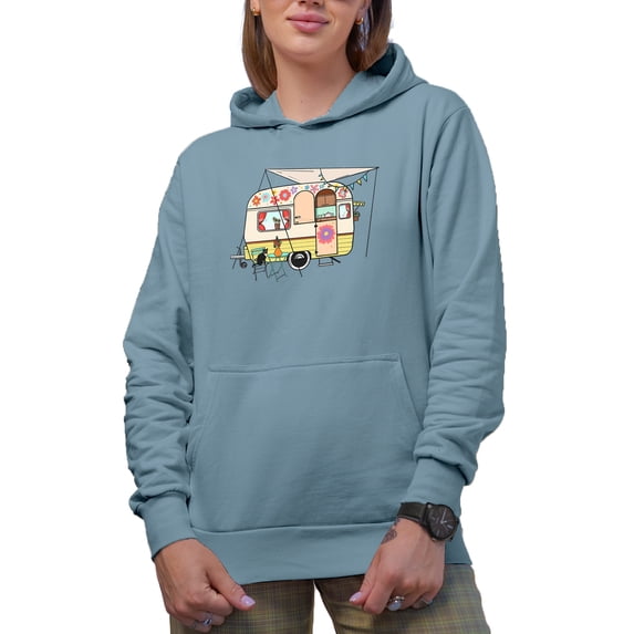 Vintage Camping Trailer with Floral Design & a Cat Art Traveling Themed Merch Gift, Light Blue Hooded Sweatshirt or Hoodie, XL