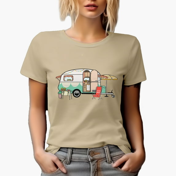 Vintage Camping Trailer with Umbrella & Folding Chair Art Traveling Themed Merch Gift, Tan T-Shirt, Medium