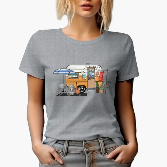 Vintage Camping Trailer with a Dog & Guitar Art Traveling Themed Merch Gift, Heather Grey T-Shirt, Small