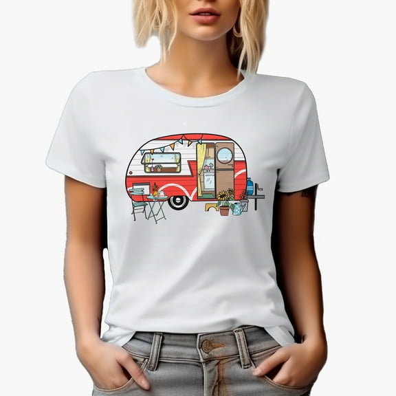 Vintage Camping Trailer with a Fiesta Banner & Sunflower Plant Art Merch Gift, White T-Shirt, Medium
