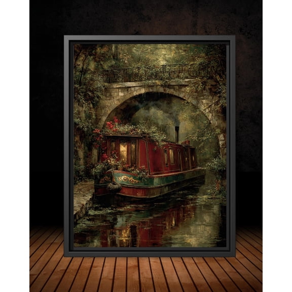 Vintage Canalboat Wall Art Poster, Narrowboat Under Canal Bridge Wall Dark And Moody Decor, Unframed Canvas Size 24x36