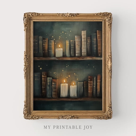 Vintage Candlelit Bookshelf Print, Rustic Library Decor, Cozy Antique Style, Candle Glow Art, Bookish Poster Wall Art, Dark Academia 304, Size 16x24 UNFFRAMED F03.1.7l1391