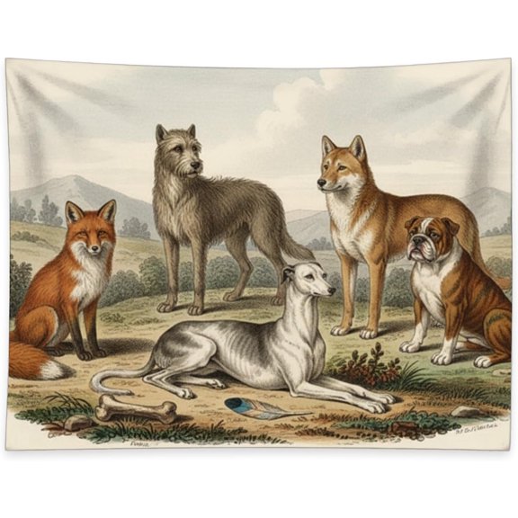 Vintage Canine Family Hanging Tapestry Fox Wolf & Dog Wall Hanging Nature Pet Home Decor Bohemian Art Boho Aesthetic Tapestry for Bedroom Dorm Living Room Decor 40 x 30 Inch