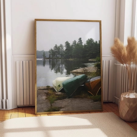 Vintage Canoe Oil Painting Print, Rustic Lake House Wall Art, Cottage Cabin Decor, Wilderness Landscape, Artwork, Unfreamed 8x12