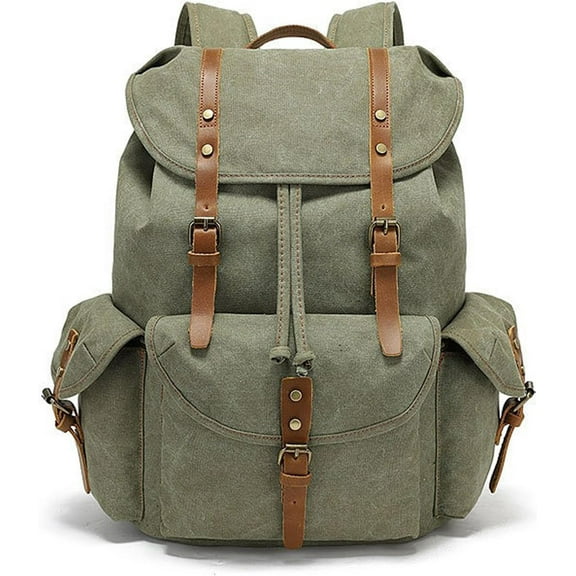Vintage Canvas & Leather Backpack: Spacious Durable Rucksack for Men & Women, Travel (Khaki)