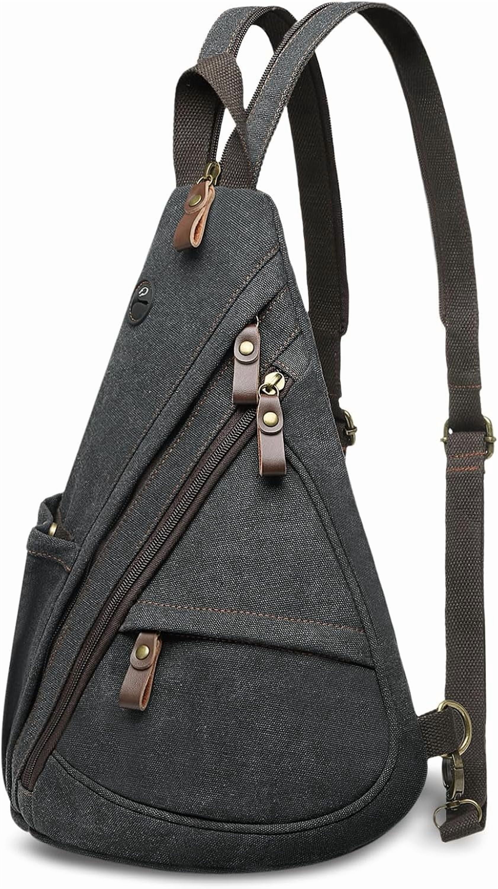 Vintage Canvas Sling Bag with Genuine Leather Zipper, 3 in 1 Crossbody, Backpack, and Chest Bag, for Travel, Hiking, 16x10x6 Inches