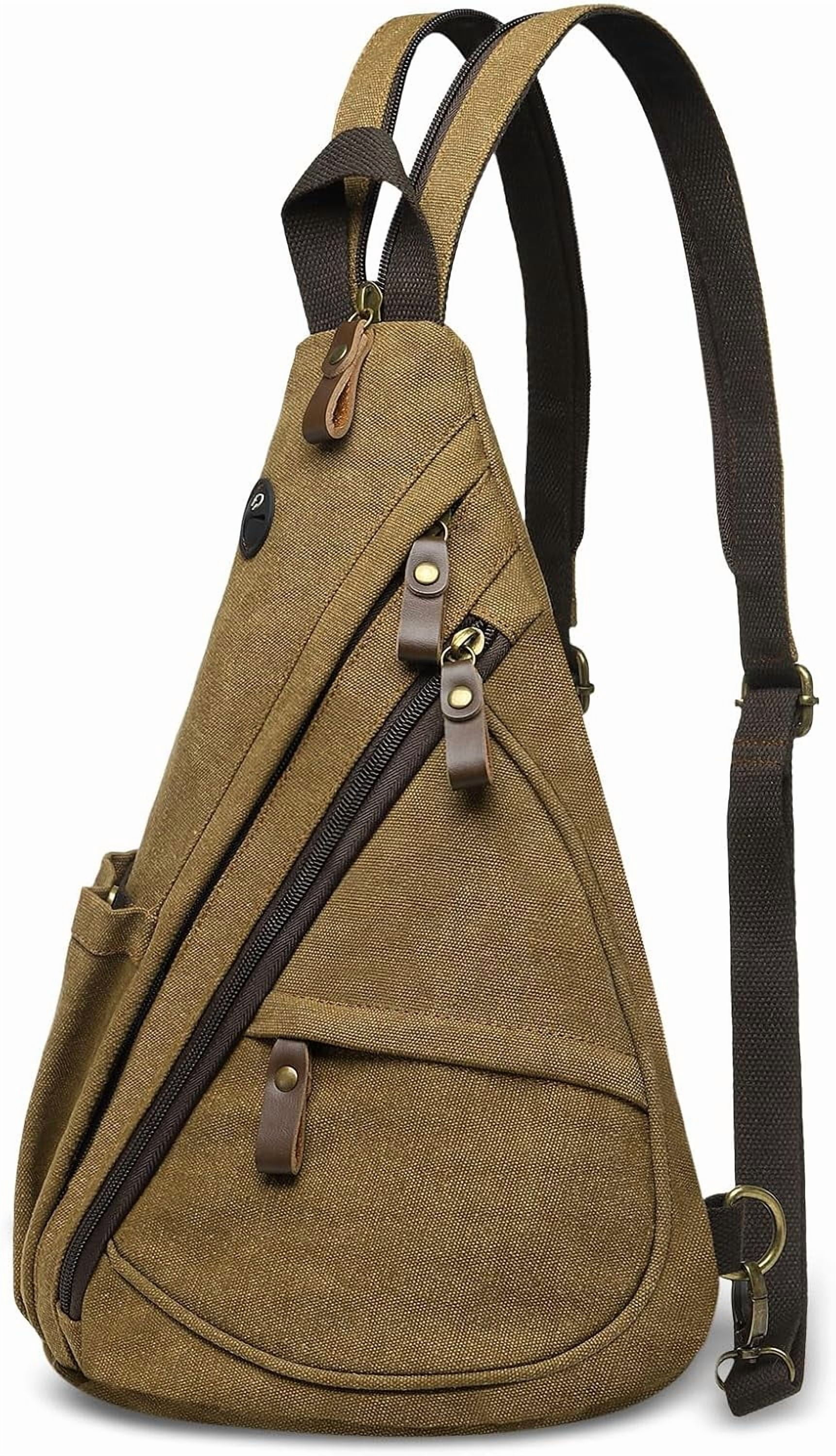 Vintage Canvas Sling Bag with Genuine Leather Zipper, 3 in 1 Crossbody, Backpack, and Chest Bag, for Travel, Hiking, 16x10x6 Inches