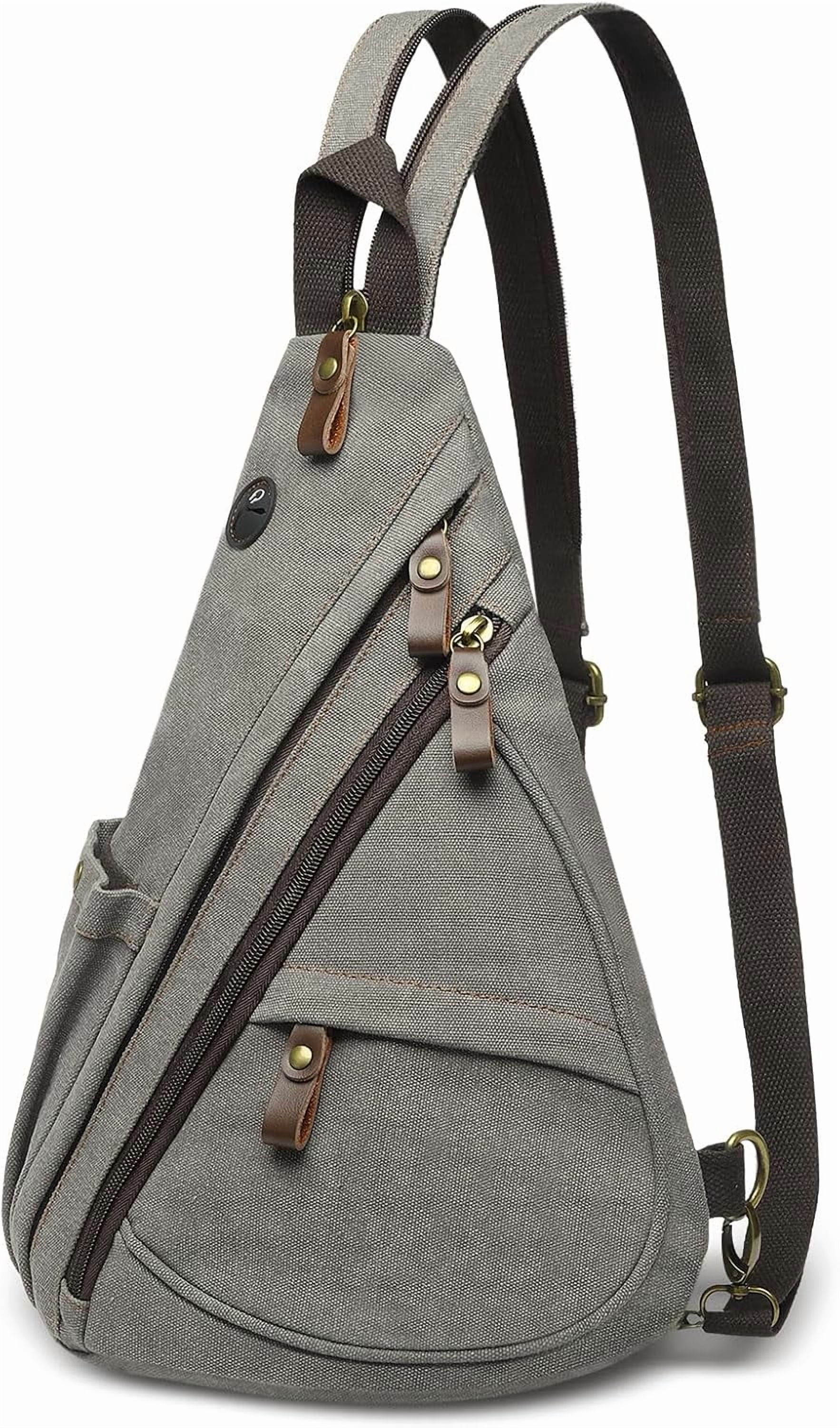 Vintage Canvas Sling Bag with Genuine Leather Zipper, 3 in 1 Crossbody, Backpack, and Chest Bag, for Travel, Hiking, 16x10x6 Inches