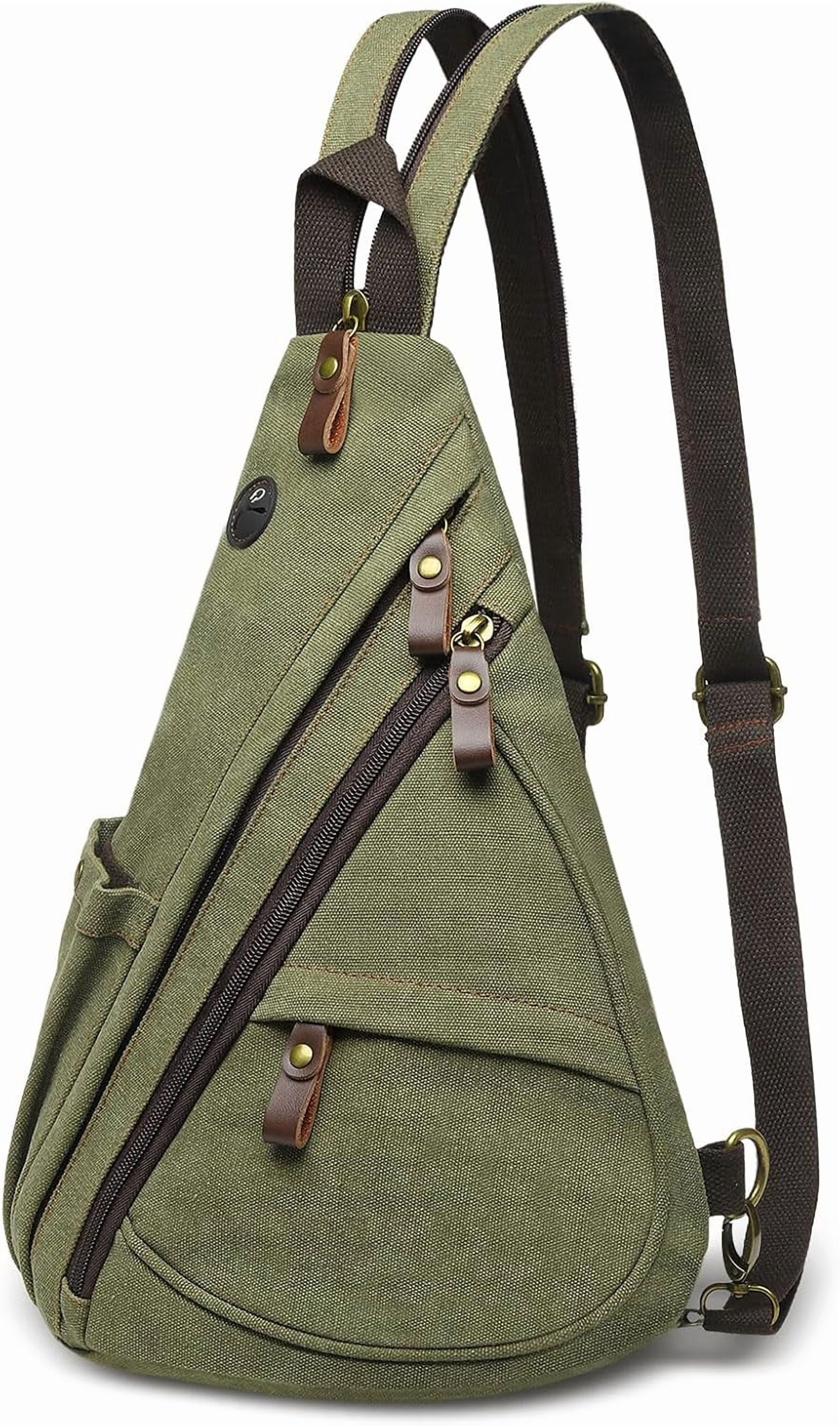 Vintage Canvas Sling Bag with Genuine Leather Zipper, 3 in 1 Crossbody, Backpack, and Chest Bag, for Travel, Hiking, 16x10x6 Inches