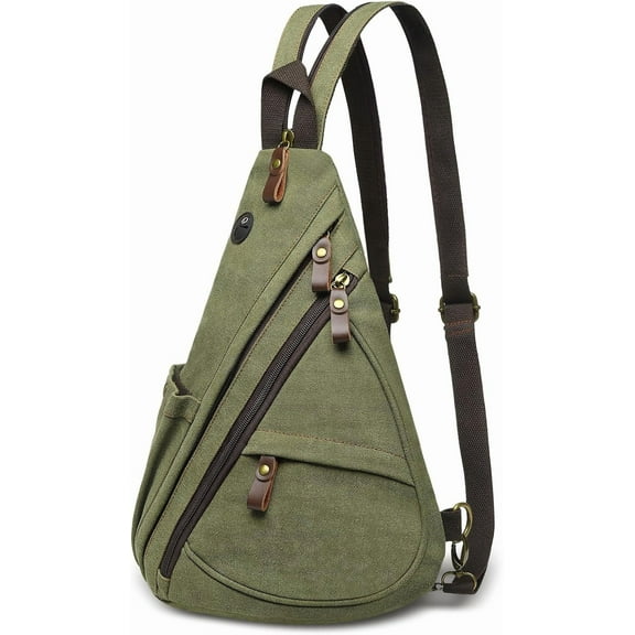 Vintage Canvas Sling Bag with Genuine Leather Zipper, 3 in 1 Crossbody, Backpack, and Chest Bag, for Travel, Hiking, 16x10x6 Inches