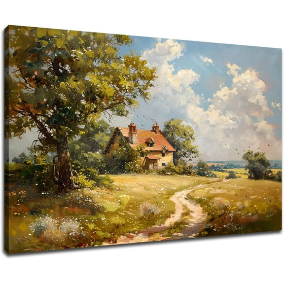 Vintage Canvas Wall Art Retro Countryside Farmhouse Nature Landscape Painting Print Forest Field Nature Wilderness Poster for Modern Living Room Office Gym Wall Decor