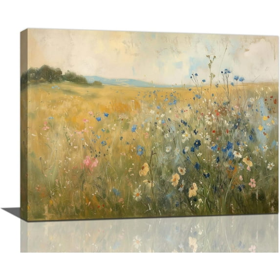 Vintage Canvas Wall Art Retro Flower Pictures Wall Decor Rustic Field Landscape Painting Country Nature Vintage Floral Landscape Prints Framed Artwork for Living Room Bedroom Office 16"x12"