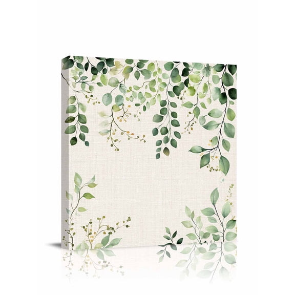 Vintage Canvas Wall Art, Watercolor Eucalyptus Leaf Country Linen Background Framed Wall Decor Modern Artwork Prints Painting for Living Room, Bedroom, Kitchen & Cafe Decor 8x8 Inch