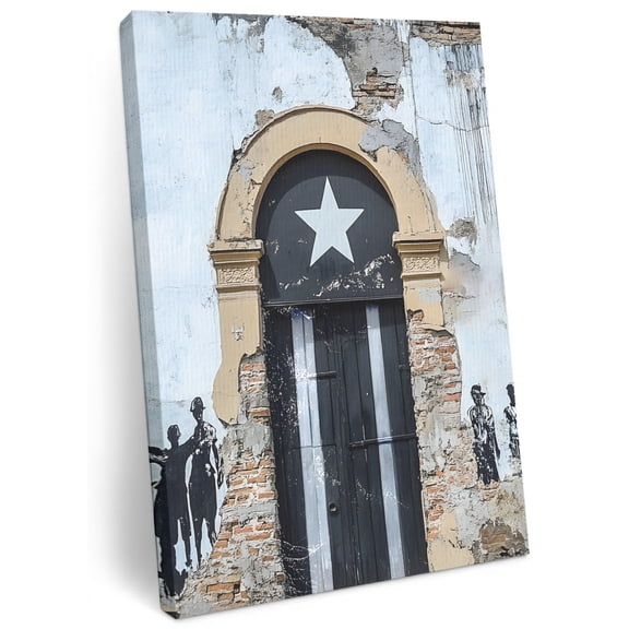 Vintage Canvas Wall Art, print in USA Puerto Rico Flag Rustic Canvas Art Prints Decor Canvas Painting Prints Artwork Wooden Framed for Living Room Bathroom Bedroom Decoration