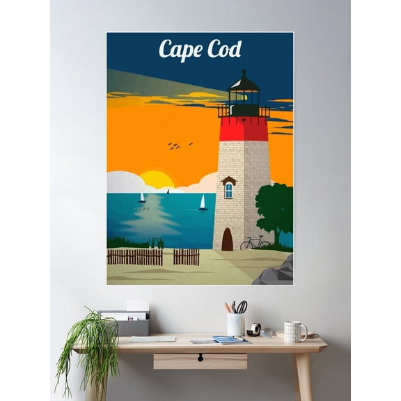 Vintage Cape Cod Travel Lighthouse Sunset Poster Wall Art, Modern Wall Decor For Living Room Bedroom, 24x36 UNFRAMED