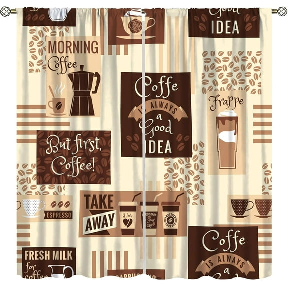 Vintage Cappuccino Coffee Curtains, Abstract American Latte Rustic Farmhouse Coffee Shop Watercolor Pattern Window Drapes for Kitchen Living Room Bedroom Cafe, 84x84 Inch
