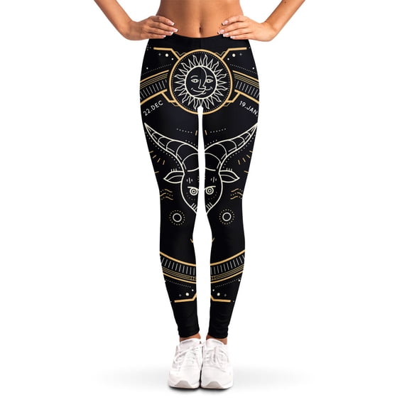 Vintage Capricorn Zodiac Sign Print Leggings, Zodiac Horoscope Sexy Yoga Leggings For Women.