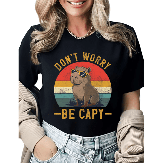 Vintage Capybara Lover Don't Worry Be Capy Gift Graphic Tees Womans T shirt Black White S-5XL Tops