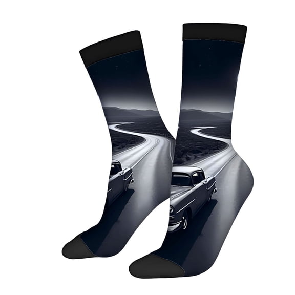 Vintage Car Adventure Socks - 2 Pairs of Unisex Trendy Socks with Black Car Design on Winding Desert Road